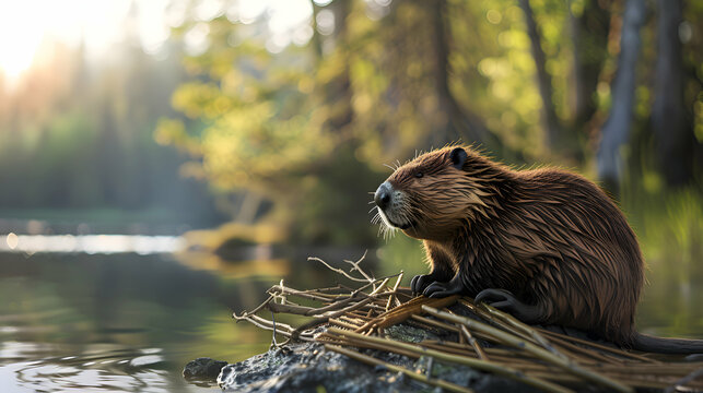 A beaver busily constructing a dam against a serene, blurred forest backdrop