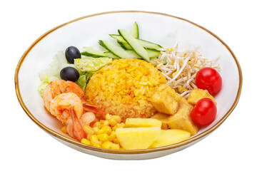 Fried rice with shrimp and vegetables in a plate isolated on white background