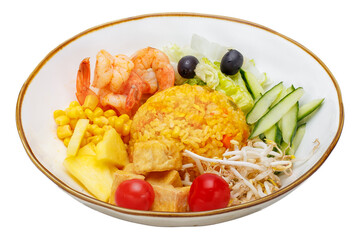 Fried rice with shrimp and vegetables in a plate isolated on white background