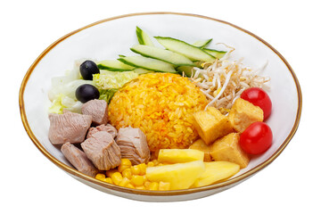Plate of rice with meat and vegetables isolated on a white background