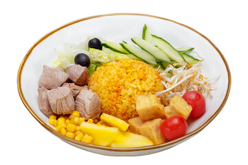Plate of rice with meat and vegetables isolated on a white background