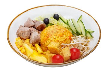 Plate of rice with meat and vegetables isolated on a white background