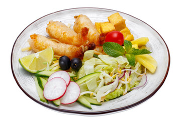 Crispy fried prawns in tempura with vegetables. Isolated over white background