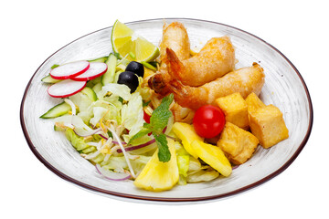 Crispy fried prawns in tempura with vegetables. Isolated over white background
