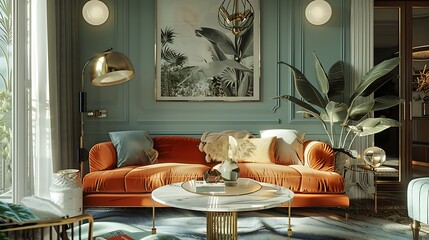 A chic retro living room with a velvet sofa, a marble coffee table, and a statement pendant light...