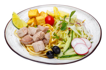 Noodles with tuna and vegetables on a white background. Isolated