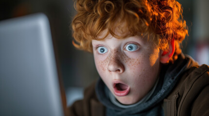 Young red-haired boy with freckles showing a look of shock and amazement at a computer screen. - obrazy, fototapety, plakaty