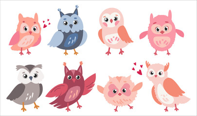 Set of funny cartoon animals. Cute owls. Collection of Cute Owlets, Colorful Adorable Owl Birds Vector Illustration on White Background. Banner and poster design. 
