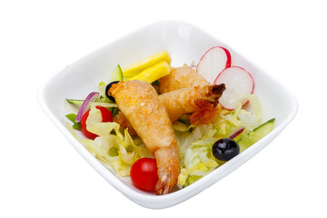 Noodles with shrimp and vegetables isolated on a white background.