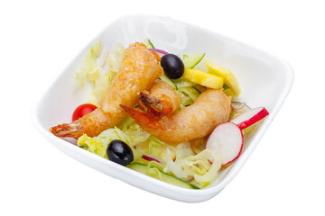 Noodles with shrimp and vegetables isolated on a white background.