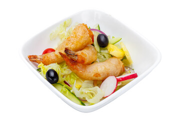 Noodles with shrimp and vegetables isolated on a white background.