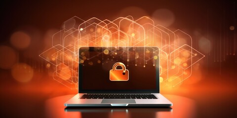 Orange cloud security laptop with lock, technology background texture pattern design backdrop with copy space for photo, cyber security hacker data tech concept