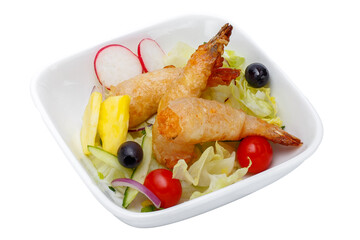 Noodles with shrimp and vegetables isolated on a white background.