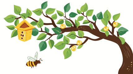 Cartoon Illustration of a branch of a tree with a bee - obrazy, fototapety, plakaty
