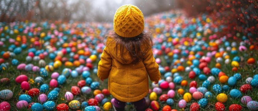 a little girl in a yellow coat and a yellow knitted hat walking through a field of colorful easter eggs.