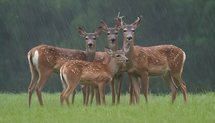 A-Family-Of-Deer-Huddled-Together-In-The-Rain- - obrazy, fototapety, plakaty