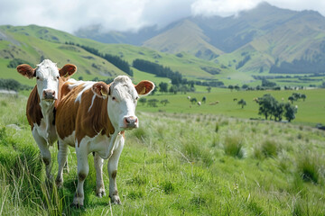 Fototapeta na wymiar Milk cows standing on green field