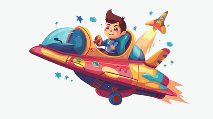 Cartoon kid on a toy funfair space ship or star ship