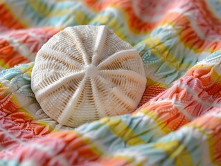 Closeup, photorealistic image of a sand dollar on a colorful beach towel, summer theme ,3DCG,clean sharp focus
