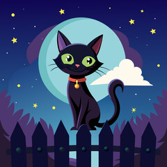 Obraz na płótnie Canvas Whimsical portrait of a mischievous black cat perched atop a moonlit fence, with its tail swishing in the cool night air