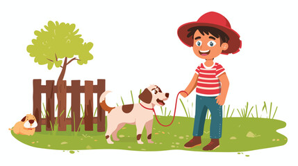 Obraz na płótnie Canvas Cartoon little boy and dog in the farm Flat vector isolated