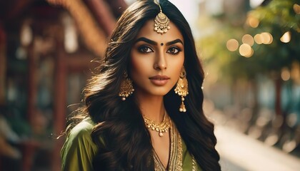 Young woman from the Middle East. Brunette with long hair and brown expressive eyes. Traditional clothing and large gold jewelry - obrazy, fototapety, plakaty