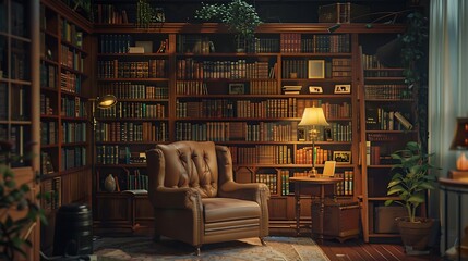 A cozy reading nook in a retro living room, featuring a plush armchair, a floor-to-ceiling bookshelf filled with vintage books, and a soft reading light overhead