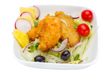 Fried fish with salad in a bowl isolated on a white background