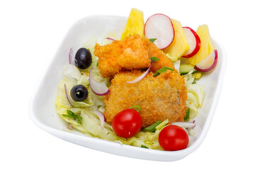Fried fish with salad in a bowl isolated on a white background
