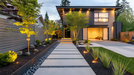 Fototapeta premium Modern House with Designer Landscaping, Evening Ambiance. Modern Front Yard with Minimalist Landscaping