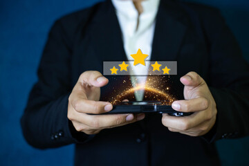 Customer service evaluation best excellent business rating experience concept. Man pressing five...