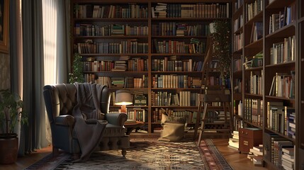 A cozy reading nook in a retro living room, featuring a plush armchair, a floor-to-ceiling bookshelf filled with vintage books, and a soft reading light overhead - obrazy, fototapety, plakaty