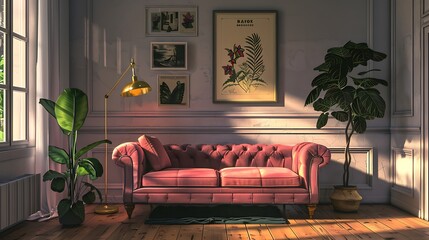 A cozy retro-style living room with a plush velvet sofa against a grey empty wall, adorned with...