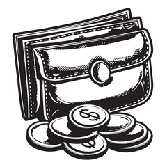 Wallet with Coins in cartoon, doodle style . Image for t-shirt, web, mobile apps and ui. Isolated 2d vector illustration in logo, icon, sketch style, Eps 10, black and white. AI Generative
