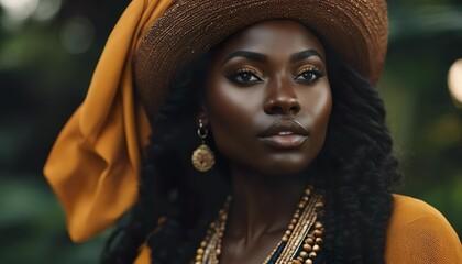 Beautiful young African woman in a turban. A brunette with curly long hair and expressive brown eyes with large gold jewelry. - obrazy, fototapety, plakaty