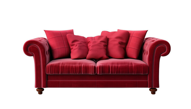 Red velvet chesterfield sofa isolated on white background 3d rendering