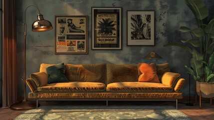 A cozy retro-style living room with a plush velvet sofa against a grey empty wall, adorned with...