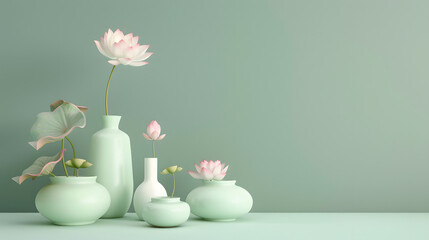3D rendering of a green background with pastel vases and lotus flowers. Minimalist interior design concept for home decoration