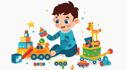Cartoon little boy playing with many toys Flat vector