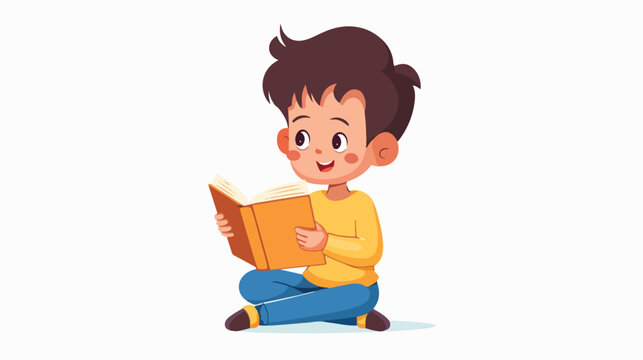 Cartoon Little boy reading a book. Imagination concep