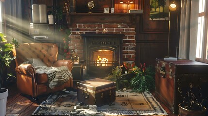 A cozy retro living room with a brick fireplace, a leather armchair, and a vintage trunk doubling as a coffee table, exuding warmth and character