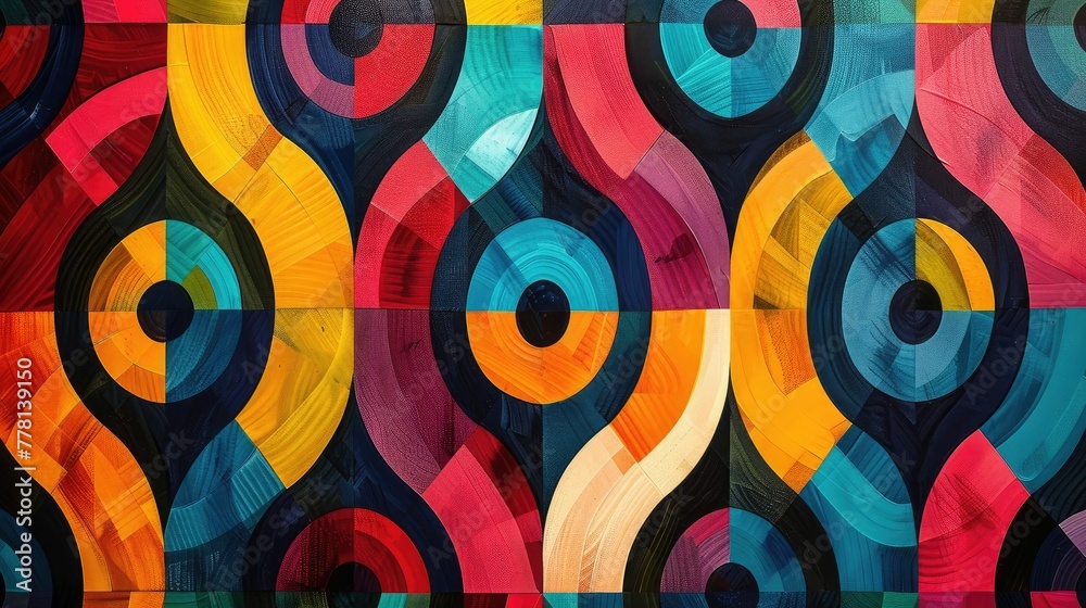 Poster kaleidoscopic geometry in vivid color interlocking circles and triangles forming rhythmic pattern