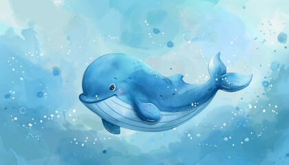 Watercolor illustration of a cute blue whale on a blue background generated AI
