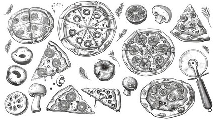 A drawing of various types of pizza with a mushroom and a pizza cutter - obrazy, fototapety, plakaty