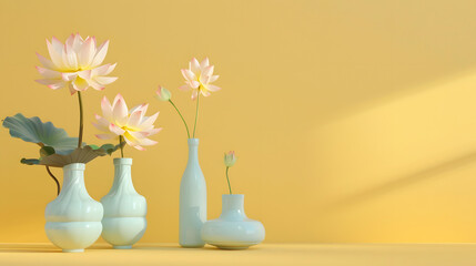 3D rendering of a yellow background with pastel vases and lotus flowers. Minimalist interior design concept for home decoration