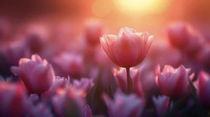 Fotobehang Pink Tulip Field at Sunset © olegganko