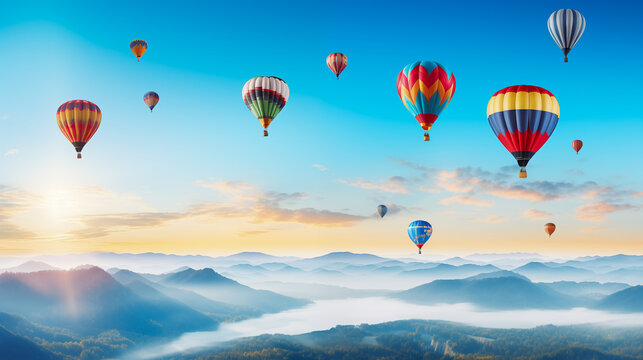 Panoramic view with colorful hot air balloons fly in sky. Hot air balloon flying over the hill against bright blue sky