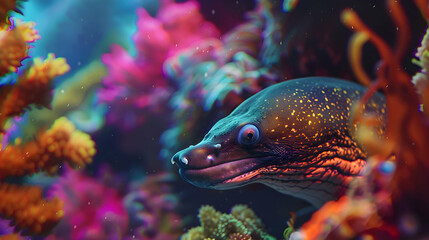 A close-up shot of a Moray eel lurking in the shadows of a coral reef, its sleek body contrasting...