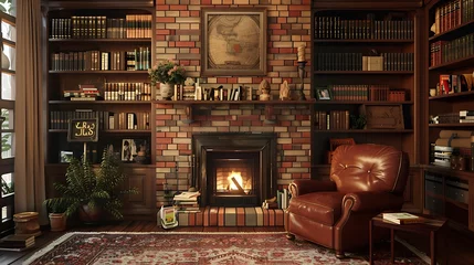Fotobehang A cozy retro living room with a brick fireplace, a leather armchair, and a collection of vintage books displayed on built-in shelves, inviting you to curl up with a good read © SHAPTOS