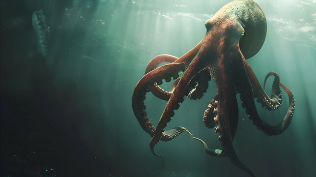 A colossal giant squid hovering in the abyss, its massive form casting shadows against the faintly illuminated waters, with ample space for text or graphics in the foreground